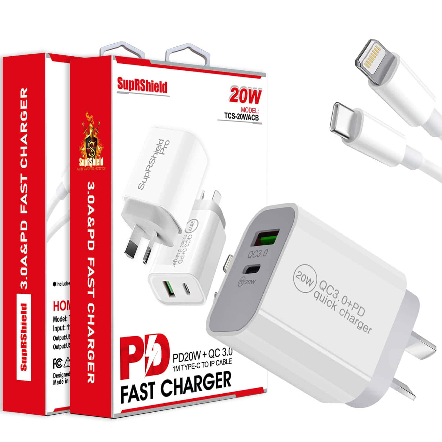 20W QC3.0 PD+USB SupRShield Fast Charging Charger Wall Plug Adapter + PD Type C to Lightning Data Sync Cable for Apple iPhone iPad iPod 20W QC3.0 PD+USB SupRShield Fast Charging Charger Wall Plug Adapter + PD Type C to Lightning Data Sync Cable for Apple iPhone iPad iPod